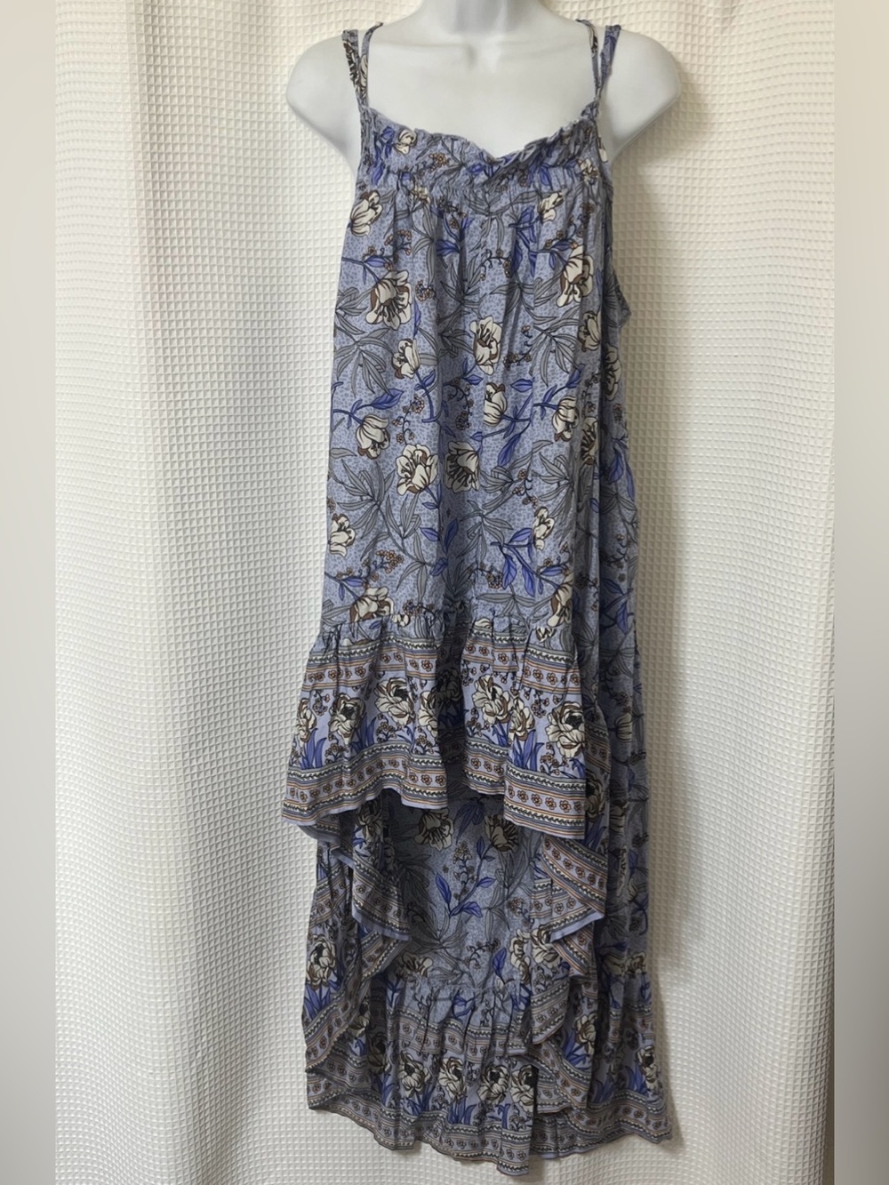 Fairycore Botanical Dress SZ S M Blue High Low Slip Sun Strappy Boho Beach